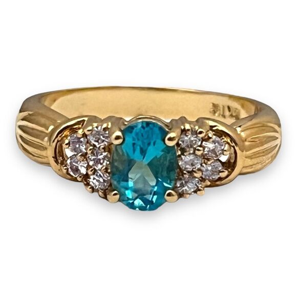 Vintage Ring Size 9 Blue Cubic Zirconia Crystal 18K Gold Plate Mid-Century 14E - Picture 13 of 15